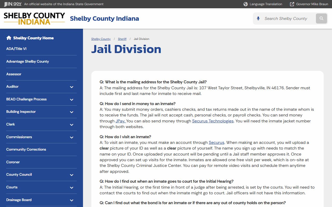 Shelby County inmate records Jail Division FAQ with jail roster and visitation details